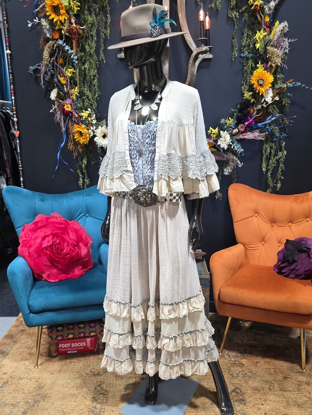 Young Threads Latte Boho Cream Maxi Skirt with Layered Ruffles